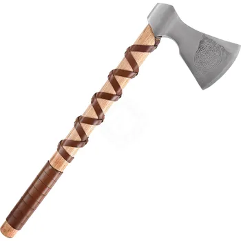 Sekera Battle Merchant Vikingská sekera z ocelolitiny 60cm, typ F, s rytinou a koženou omotávkou