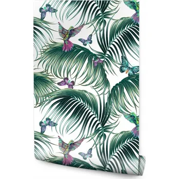 Fototapeta Tapeta palmové listy, ptáci a motýli do ložnice