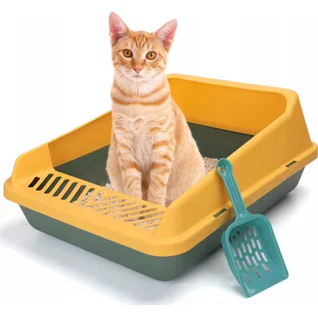 Obraz TOALETA PRO KOČKY s Rámečkem Otevřený SE LOPATKOU žlutý + zelený L 48x38x21cm