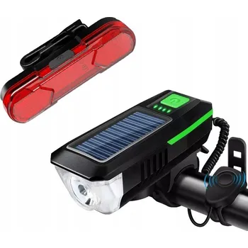 Cyklosvítilna SADA LED SVĚTLO NA KOLO SOLÁRNÍ USB KLAKSON ZVONEK + ZADNÍ SVĚTLO SILNÉ