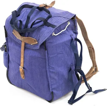 turistický batoh Batoh plátěný RUMUNSKÝ s koženým řemením MODRÝ použitý (Batoh plátěný RUMUNSKÝ s koženým řemením MODRÝ použitý)