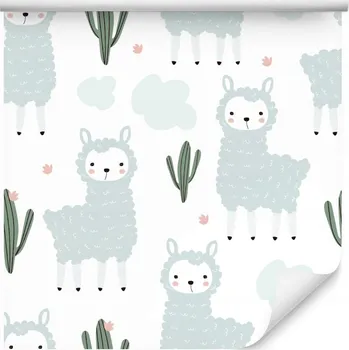 Tapeta Tapeta s lamami, rostlinami a mraky, do dětského pokoje