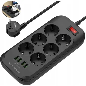Napájecí kabel PRODLUŽOVACÍ KABEL zásuvková lišta 6 zásuvek se 4x USB VYPÍNAČEM 2m