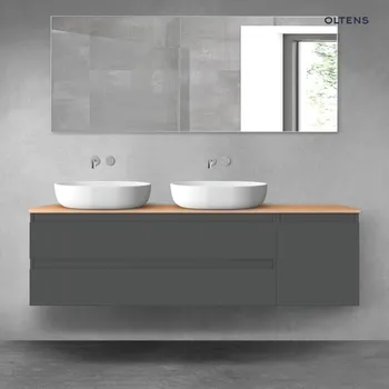 Koupelnový nábytek Oltens Vernal sada koupelnového nábytku 160 cm s horní deskou, matná grafitová/dub 68480400