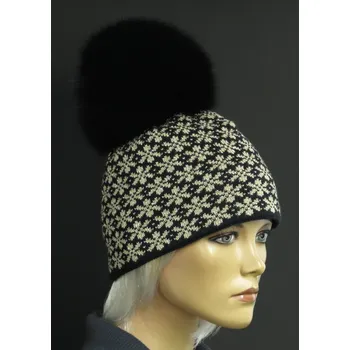 Čepice R-Jet Luxusní pletená čepice RJET s kožešinovou bambulí 415 černá zlatá