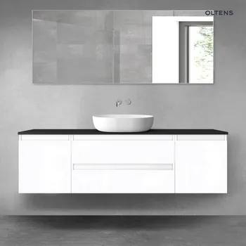 Koupelnový nábytek Oltens Vernal sada koupelnového nábytku 160 cm s horní deskou, lesklá bílá/matná černá 68372000