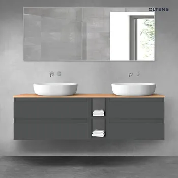 Koupelnový nábytek Oltens Vernal sada koupelnového nábytku 160 cm s horní deskou, matná grafitová/dub 68634400