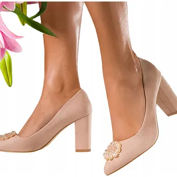 Dámské lodičky ELEGANTNÍ BÉŽOVÉ LODIČKY NA SLOUPOVÉM PODPATKU S OZDOBNÝMI KŘIŠŤÁLY vel. 39