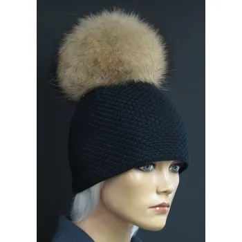 Čepice R-Jet Dámská zimní pletená čepice s kožešinovou bambulí 354 černá