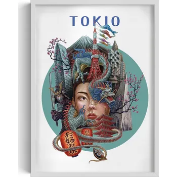 Obraz Stylový obraz v rámu Tokio Tokyo Tower Hora Fudži Drak Višňový květ 50x70 cm