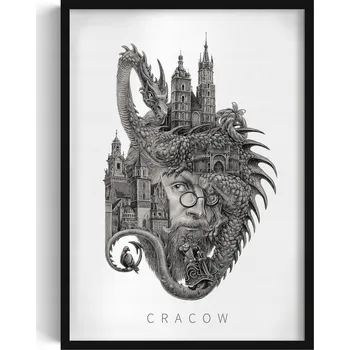Obraz Plakát Obraz v rámu plakát rámeček Černobílý Cracow Drak Wawelský Lajkonik 50x70 v rámu 50 x 70 cm