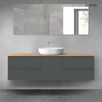 Koupelnový nábytek Oltens Vernal sada koupelnového nábytku 160 cm s horní deskou, matná grafitová/dub 68403400