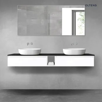 Koupelnový nábytek Oltens Vernal sada koupelnového nábytku 180 cm s horní deskou, lesklá bílá/matná černá 68652000