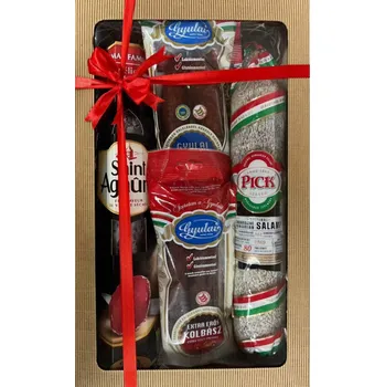 Dárkový potravinový koš Dárkové balení uheráku, panenky St. Agaune a klobás Gyulai