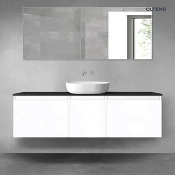Koupelnový nábytek Oltens Vernal sada koupelnového nábytku 160 cm s horní deskou, lesklá bílá/matná černá 68421000