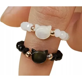 Prsten Sada dvou prstenů Prstýnek Bílý Černý Koťátko Kitty Nastavitelná velikost