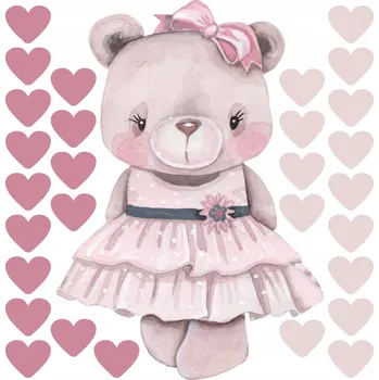 Obraz Nálepky na zeď roztomilý MEDVÍDEK a srdíčka pudrová růžová