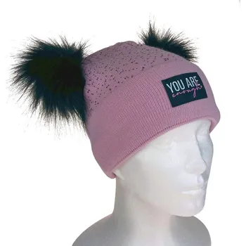 Čepice Dámská zimní čepice s dvěma bambulemi růžová (Čepice na zimu s dvěma bambulemi)