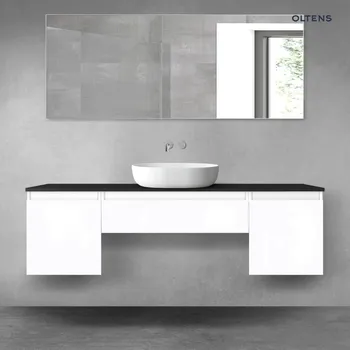 Koupelnový nábytek Oltens Vernal sada koupelnového nábytku 160 cm s horní deskou, lesklá bílá/matná černá 68395000