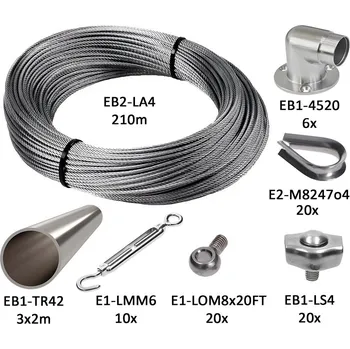 Pletivo sada pro upínání rostlin, nerezové trubky a lanko - lanková stěna pro pnoucí rostliny na zeď, zelená stěna, kompletní set, rozměr 20 x 2 m