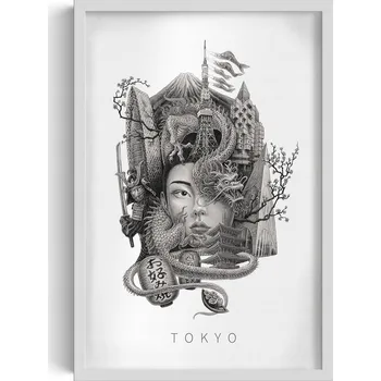 Obraz Ozdobný nástěnný obraz v rámu Černobílý Tokio Drak Višňový květ 40x60 cm