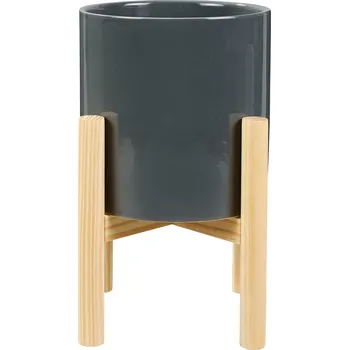 Květináč LIVARNO home Květináč z glazované keramiky s dřevěným podstavcem (tmavě šedá)