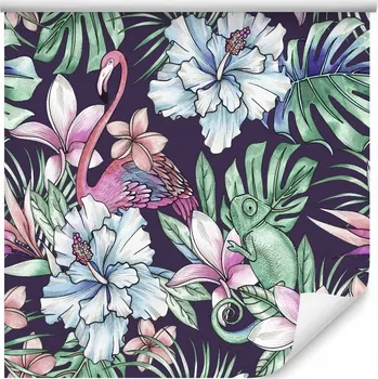 Fototapeta Tapeta do ložnice tropické KVĚTY plameňáci list