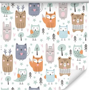Tapeta TAPETA pro děti zvířata sovy lišky stromy srdce