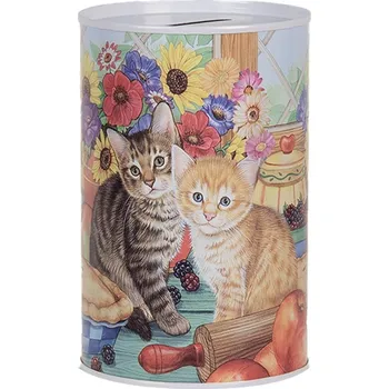 Dóza na potraviny Barevná plechová dóza kasička s kočkami - Ø 8*13 cm