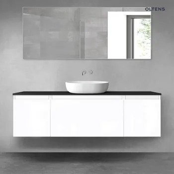 Koupelnový nábytek Oltens Vernal sada koupelnového nábytku 160 cm s horní deskou, lesklá bílá/matná černá 68385000