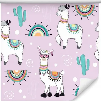 Tapeta Tapeta do dětského pokoje, lamy, kaktusy a rostliny