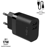 FIXED nabíječka s USB-A/USB-C kabelem, 1 m, 17W, černá