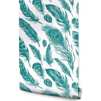 Fototapeta Tapeta Tyrkysová pírka na bílém pozadí /485650495