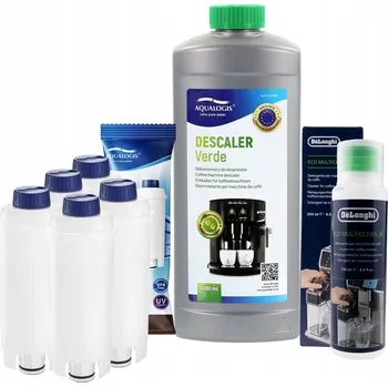Kávovar Sada pro Delonghi Aqualogis AL-S002 5 ks, Čisticí roztok DELONGHI 250ml, Odvápňovač Verde 1L