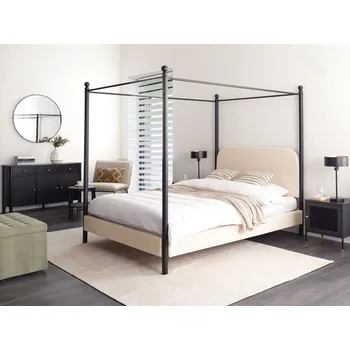 Postel Postel s baldachýnem černý kovový rám béžové čalounění buklé 140 x 200 cm retro minimalistický styl Beliani