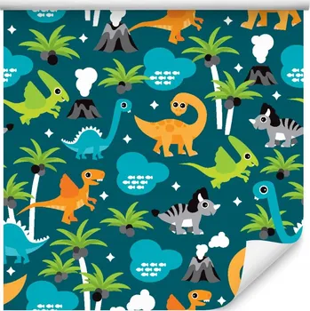 Tapeta Tapeta pro chlapce barevná zvířata palmy sopka