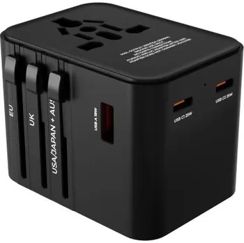 Datový kabel Prio Univerzální cestovní adaptér pro UK / US / EU / China, 2 x USB-C výstup a 1 x USB-A výstup