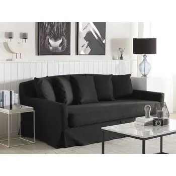 Pohovka pohovka Černá třímístná čalouněná polyesterová s volánkem a moderními polštáři Beliani