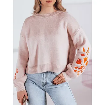 Dámský svetr Růžový crop svetr s vyšíváním na rukávech LYRA MY2215 Velikost: ONE SIZE
