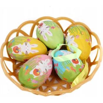 Velikonoční dekorace VELIKONOČNÍ VAJÍČKA V KOŠÍČKU ZÁVĚSNÉ 5 KUSŮ - VAJÍČKA 6CM + KOŠÍČEK