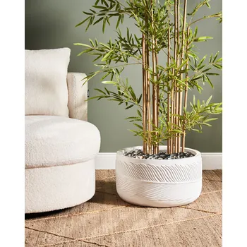 Květináč Venkovní květináč krémově bílý vláknitá hlína 43 x 43 x 23 cm kulatý květináč s motivem listů odolný proti UV záření tradiční styl Beliani