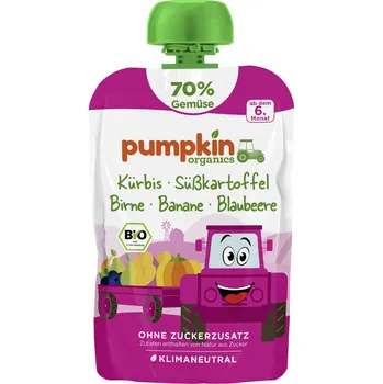 Dětská výživa Pumpkin Organics BIO Zeleninové pyré 70% - Dýně, batát, hruška, banán, borůvka, 6. měsíc, 100 g