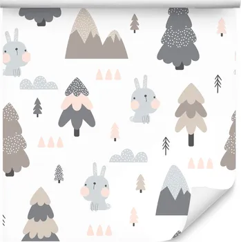 Fototapeta Prineo Dětská tapeta Sladcí KRÁLÍČCI Vánoční stromky Hory 53 cm