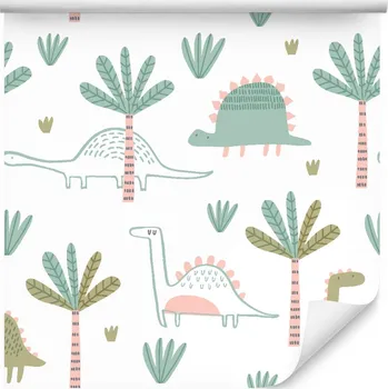 Tapeta Tapeta s dinosaury a stromy, zeleň, do dětského pokoje