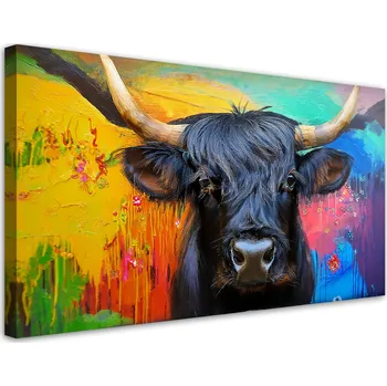 Obraz Obraz na plátně, Abstrakce Skotská kráva na barevném pozadí 100x50