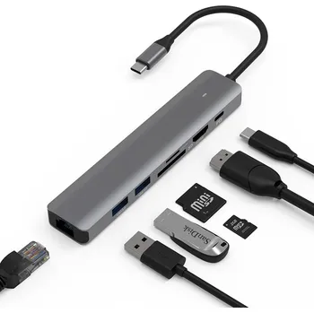 USB hub Dokovací stanice USB-C HUB 2x USB, HDMI 4k, PD 100W, LAN, Čtečka SD