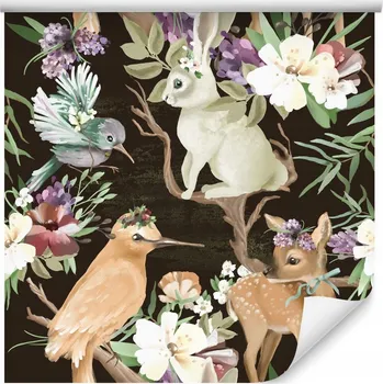 Fototapeta Tapeta pro děti lesní ZVÍŘÁTKA květiny listí