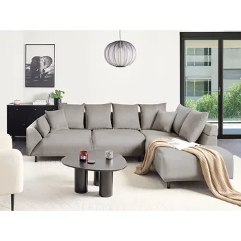 Pohovka Rohová pohovka světle šedá manšestrová látka polštáře kovové černé nohy retro design polstrované opěradlo Beliani