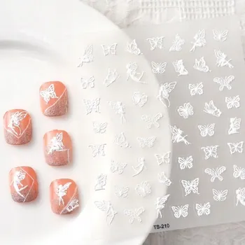 Bílé Samolepicí Vypouklé 3D Samolepky na Nehty Vzory MOTÝLI VÍLA