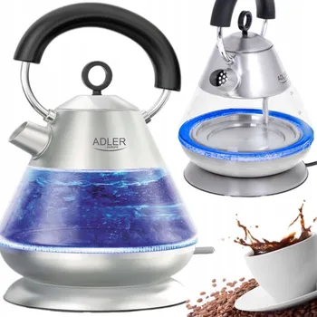 Rychlovarná konvice SKLENĚNÁ RYCHLOVARNÁ KONVICE bezdrátová 1,5L 2200W STŘÍBRNÁ Podsvícená